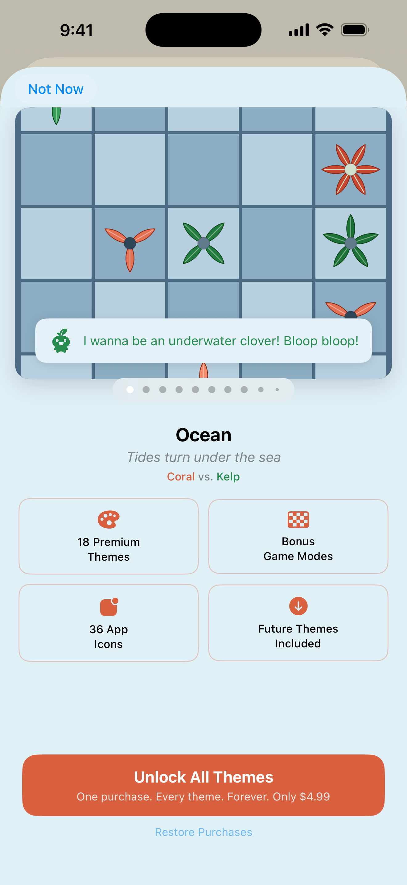 In-app purchase screen previewing the Ocean theme, with cards for premium themes, bonus game modes, app icons, and future themes included